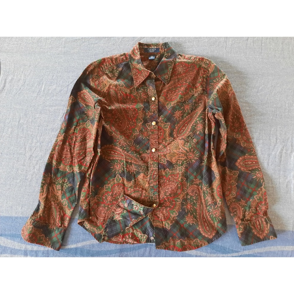 Chaps Womens Petite Medium All Over Paisley Print Button Down Shirt Cotton Top